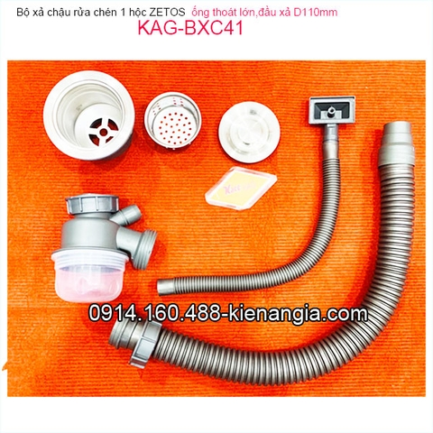 Bộ xả chậu 1 hộc ZETOS đầu nhựa đúc D110 có bầu lắng KAG-BXC41