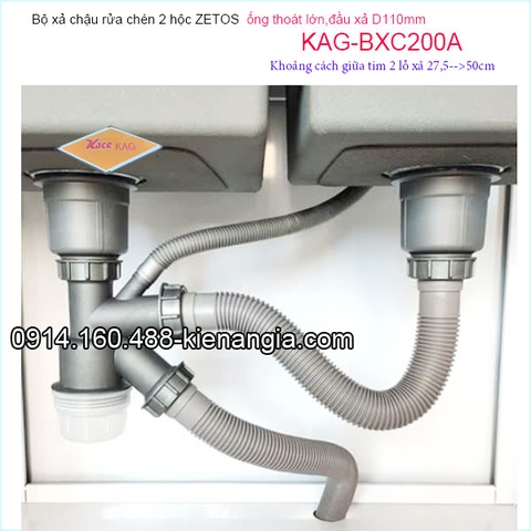 Bộ xả chậu rửa chén 2 hộc ZETOS D110 ống thoát lớn KAG-BXC200A