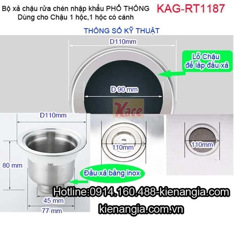 Bộ xả chậu rửa chén 1 hộc phổ thông nhập khẩu KAG-RT1187