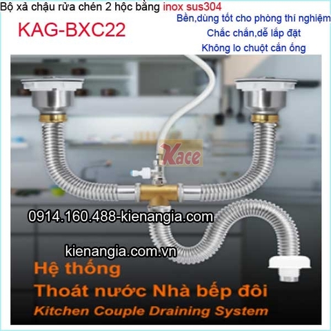 Bộ xả chậu rửa chén 2 hộc cao cấp ống bằng inox sus304 KAG-BXC22