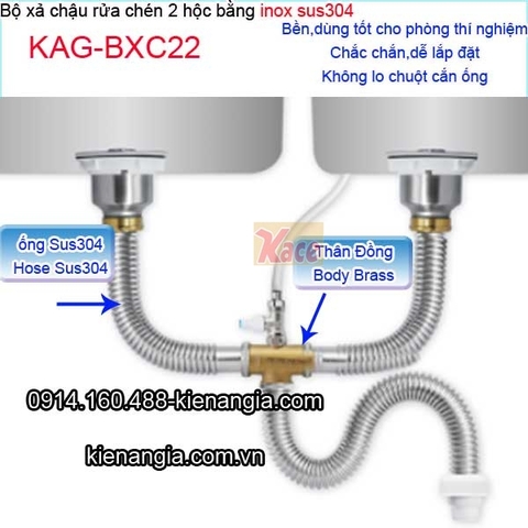 Bộ xả chậu rửa chén 2 hộc cao cấp ống bằng inox sus304 KAG-BXC22