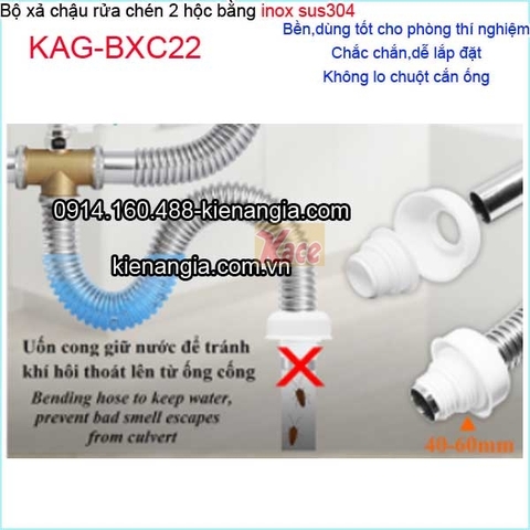 Bộ xả chậu rửa chén 2 hộc cao cấp ống bằng inox sus304 KAG-BXC22