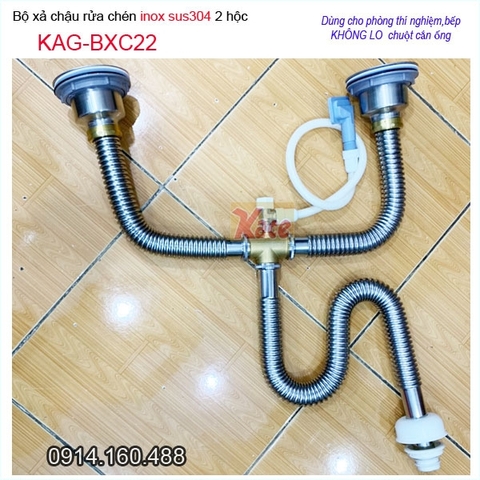 Bộ xả chậu rửa chén 2 hộc cao cấp ống bằng inox sus304 KAG-BXC22