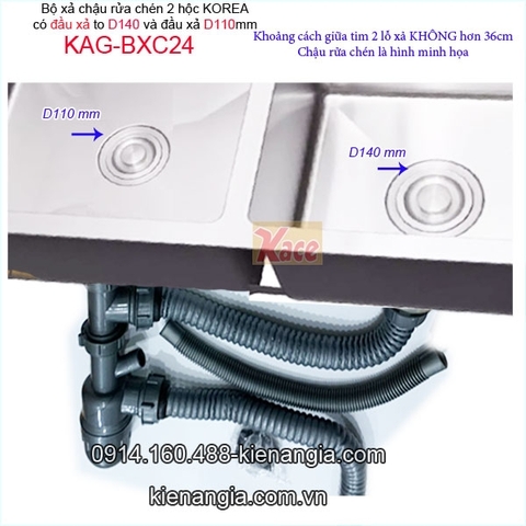 Bộ xả chậu rửa chén 2 hộc lệch đầu xả D140 và D110 KAG-BXC24