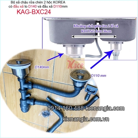 Bộ xả chậu rửa chén 2 hộc lệch đầu xả D140 và D110 KAG-BXC24