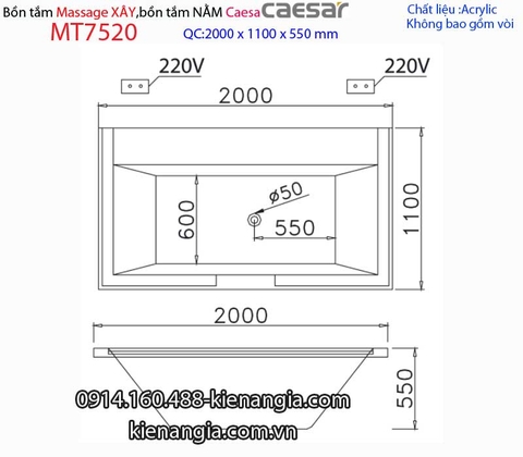 Bồn dài xây Caesarbồn nằm 2 mét massage -Caesar-MT7520