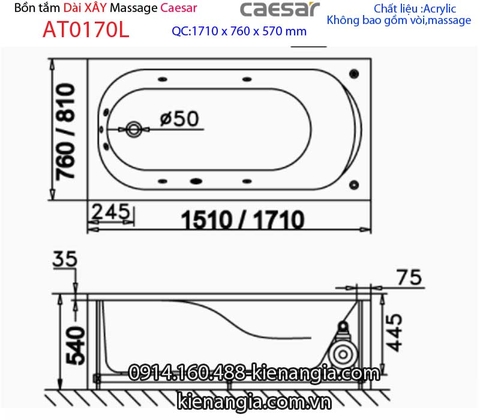 Bồn tắm dài chân yếm 17 mét Caesar-AT0170L