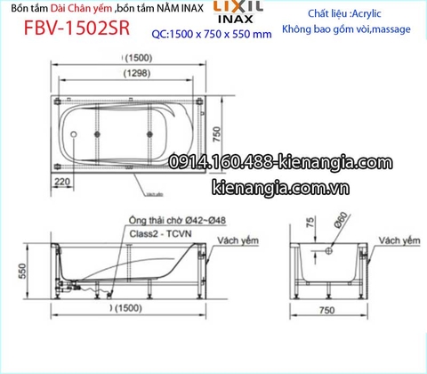 Bồn tắm dài Inax chân yếm acrylic 15 mét INAX-FBV1502SR