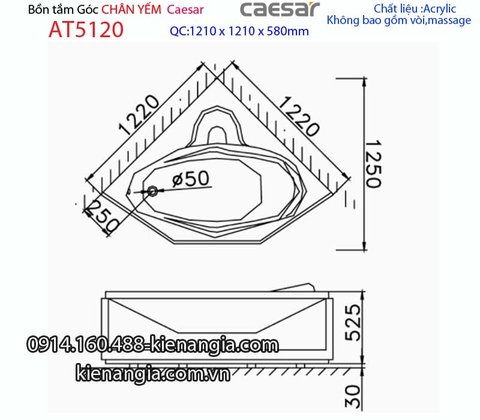 Bồn tắm góc chân yếm 12 mét Caesar-AT5120