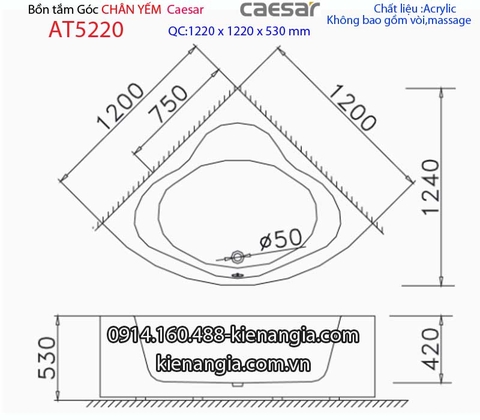 Bồn tắm góc chân yếm 12 mét Caesar-AT5220