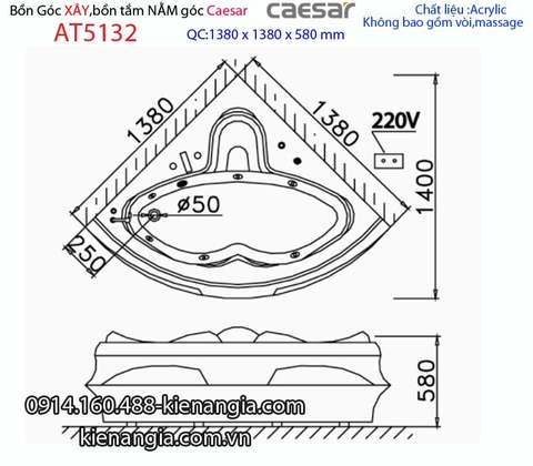 Bồn tắm góc chân yếm 13 mét Caesar-AT5132