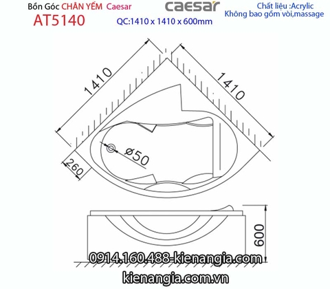 Bồn tắm góc chân yếm 14 mét Caesar-AT5140