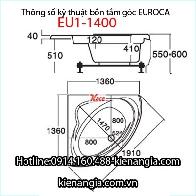 Bồn tắm góc massage EUROCA Acrylic EU1-1400