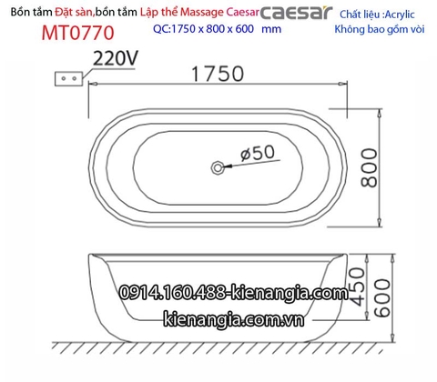 Bồn tắm oval massage đặt sàn Caesar-MT0770