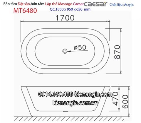 Bồn tắm oval MASSAGE đặt sàn Caesar-MT6480