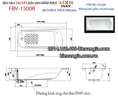 Bồn xây Inaxbồn dài acrylic 15m INAX FBV-1500R
