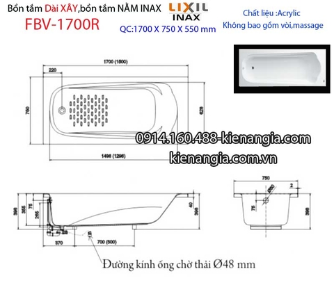 Bồn xây Inaxbồn dài acrylic 17m INAX FBV-1700R