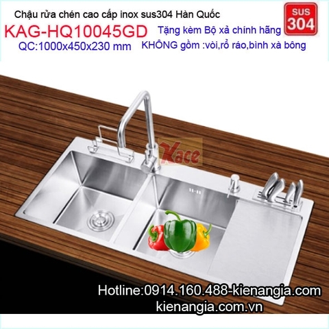 Chậu cao cấp inox 304 đúc dài 1000x450mm 2 hố 1 bàn giắt dao,thớt KAG-HQ10045GD
