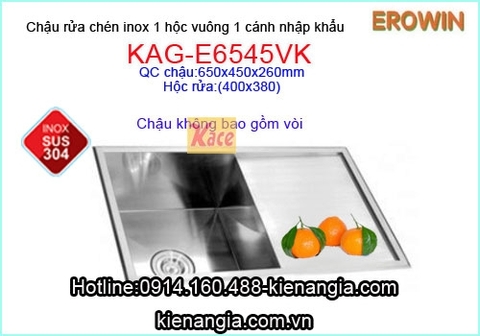 Chậu inox 304 âm bàn EROWIN 1 hộc cánh KAG-E6545VK