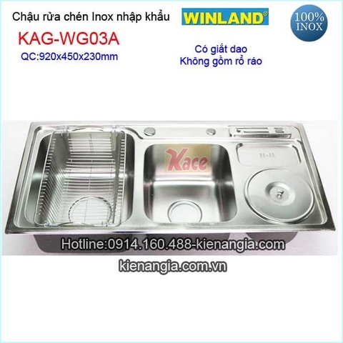 Chậu inox 2 hộc có hộc rác 92X45 cm Winland KAG-WG03A