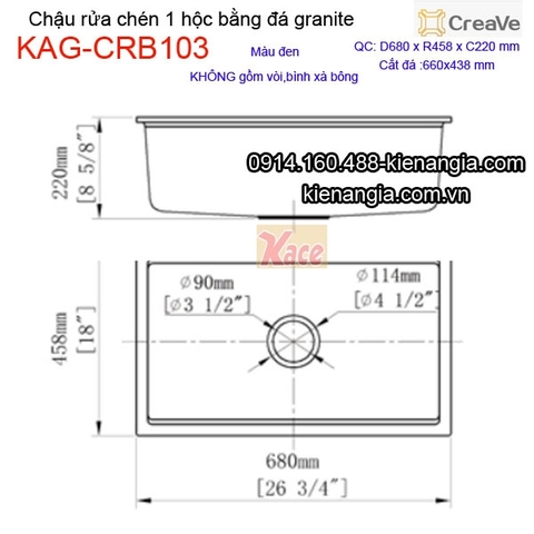 Chậu rửa chén 1 hộc vuông 68x45cm đá granite Creave KAG-CRB103