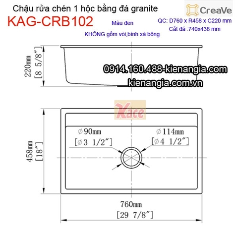 Chậu rửa chén 1 hộc vuông 76x45cm đá granite Creave KAG-CRB102