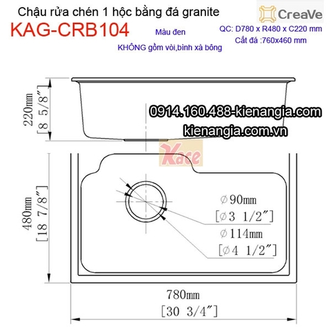 Chậu rửa chén 1 hộc vuông 78x48cm đá granite Creave KAG-CRB104