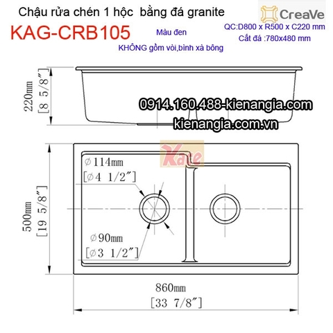 Chậu rửa chén 1 hộc vuông 80x50cm đá granite Creave KAG-CRB105