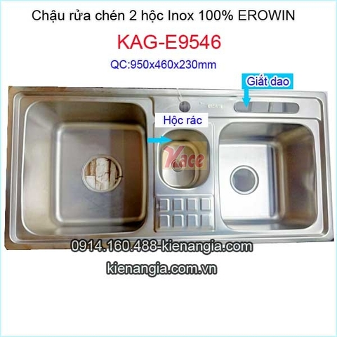 Chậu rửa chén 2 hộc ,hộc rác giữa 95X46 cm Erowin (bm) KAG-E9546