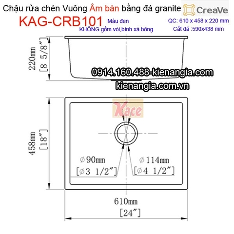 Chậu rửa chén âm bàn 1 hộc vuông 61x45cm đá granite Creave CRBA KAG-CRB101