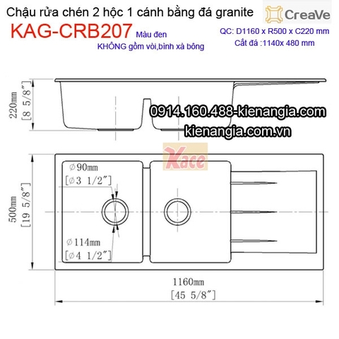 Chậu rửa chén âm bàn đá granite 2 hộc 1 cánh 110x50 cm Creave CRBA KAG-CRB207