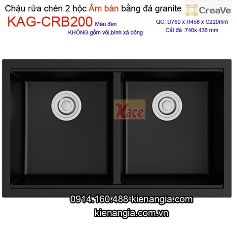 Chậu rửa chén âm bàn đá granite 2 hộc 76x45 cm Creave CRBA KAG-CRB200