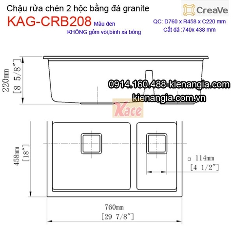 Chậu rửa chén âm bàn đá granite 2 hộc 76x45cm Creave CRBA KAG-CRB208