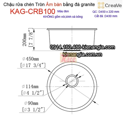 Chậu rửa chén âm bàn tròn đá granite D45cm Creave CRBA KAG-CRB100
