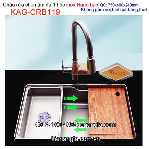 Chậu rửa chén âm mặt đá 1 hộc inox phủ nano bạc 75x40cm KAG-CRB119