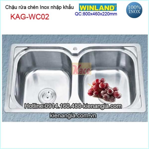 Chậu rửa chén inox 2 hộc 80X46 cm Winland KAG-WC02