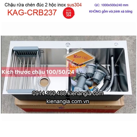 Chậu rửa chén inox đúc 304 2 hộc đều 1000x500x240mm KAG-CRB237