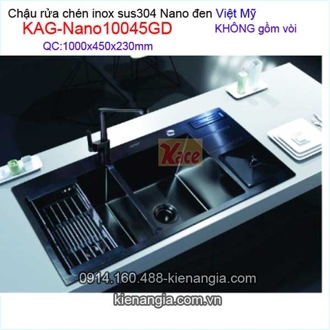 Chậu rửa chén inox sus304 Nano đen 2 hộc 100x45 x23cm Việt Mỹ KAG-Nano10045GD