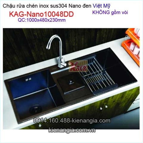 Chậu rửa chén inox sus304 Nano đen 2 hộc 100x48x23cm Việt Mỹ KAG-Nano10048DD