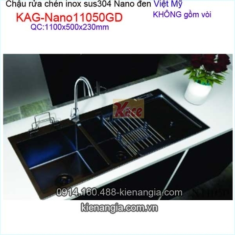 Chậu rửa chén inox sus304 Nano đen 2 hộc 110x50 x23cm Việt Mỹ KAG-Nano11050GD
