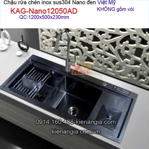 Chậu rửa chén inox sus304 Nano đen 2 hộc 120x50 x23cm Việt Mỹ KAG-Nano12050AD