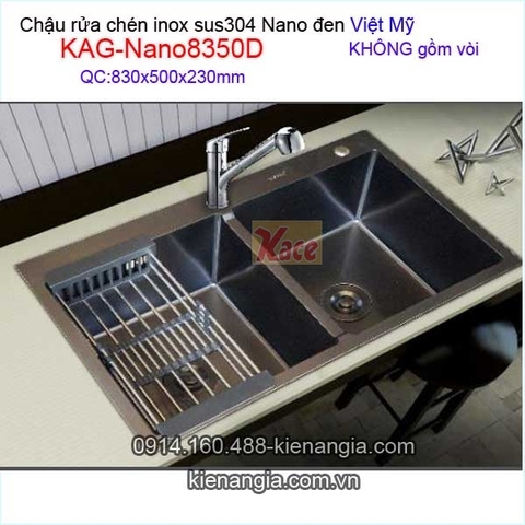 Chậu rửa chén inox sus304 Nano đen 2 hộc 83x50 x23cm Việt Mỹ KAG-Nano8350D
