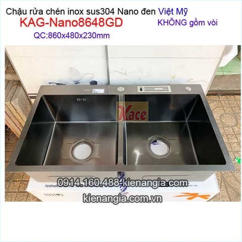 Chậu rửa chén inox sus304 Nano đen 2 hộc 86x48 x23cm Việt Mỹ KAG-Nano8648GD
