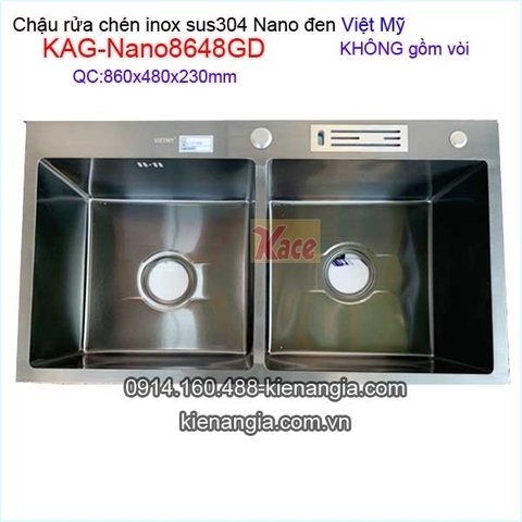 Chậu rửa chén inox sus304 Nano đen 2 hộc 86x48 x23cm Việt Mỹ KAG-Nano8648GD