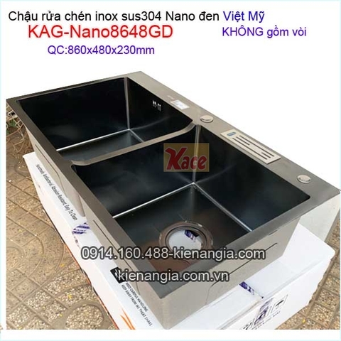 Chậu rửa chén inox sus304 Nano đen 2 hộc 86x48 x23cm Việt Mỹ KAG-Nano8648GD