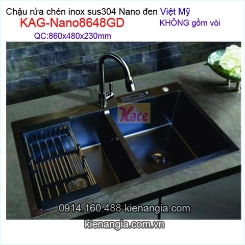 Chậu rửa chén inox sus304 Nano đen 2 hộc 86x48 x23cm Việt Mỹ KAG-Nano8648GD