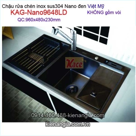 Chậu rửa chén inox sus304 Nano đen 2 hộc 96x48 x23cm Việt Mỹ KAG-Nano9648LD