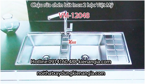 Chậu rửa chén SUS 304 2 hộc 1 bàn 120x48 x23cmViệt Mỹ VM-12048