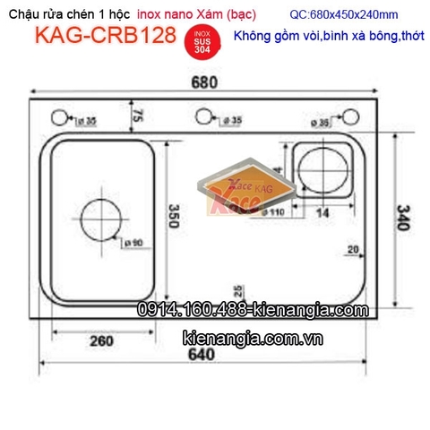 Chậu rửa Nano xám bạc (grey) 1 hộc 68x45cm KAG-CRB128