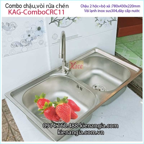 Combo chậu 2 hộc 78x43 cm vòi lạnh inox304 KAG-ComboCRC11